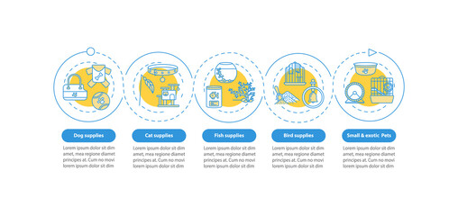 Pet store offers vector infographic template. Animal items to buy presentation design elements. Data visualization with 5 steps. Process timeline chart. Workflow layout with linear icons