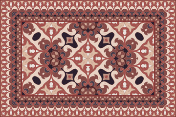Vintage Arabic pattern. Persian colored carpet. Rich ornament for fabric design, handmade, interior decoration, textiles. Red background. - 382167076