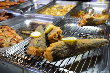 The fresh and healthy Hungarian and Balkan fast food on the holiday street market - delicious roasted fish, grilled sausage, meat steak and chicken skewer with vegetables