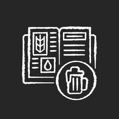 Beer recipe chalk white icon on black background. Brewery production. Lager in bar menu. Ingredients for alcoholic drink. Homebrew beer. Brewing process. Isolated vector chalkboard illustration