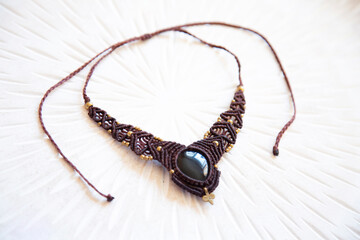 Macrame technique waxed string necklace with gemstone obsidian