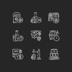 Brewing beer process chalk white icons set on black background. Industrial production of alcoholic drinks. Pub festival with draught beer and cider. Isolated vector chalkboard illustrations
