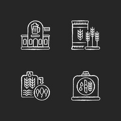 Brewery manufacture chalk white icons set on black background. Pub establishment. Malted barley for industrial production. Beer brewing manufacture process. Isolated vector chalkboard illustrations