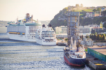 Cruiseships or cruise ship liners in port of Quebec City, Canada on Saint Lawrence river with...