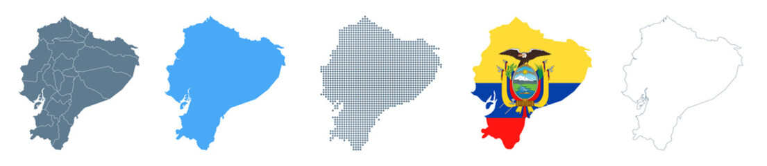 Ecuador Map Set - Vector Solid, Contour, Regions, Flag, Pixels - obrazy, fototapety, plakaty