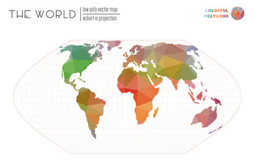 Abstract geometric world map. Eckert VI projection of the world. Colorful colored polygons. Amazing vector illustration.