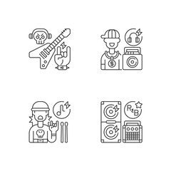 Modern street music pixel perfect linear icons set. Heavy metal style. Classic rock composition. Customizable thin line contour symbols. Isolated vector outline illustrations. Editable stroke