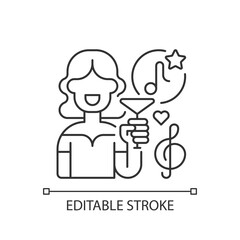 Lounge music pixel perfect linear icon. Different musical events. Woman with cocktail in hand. Thin line customizable illustration. Contour symbol. Vector isolated outline drawing. Editable stroke