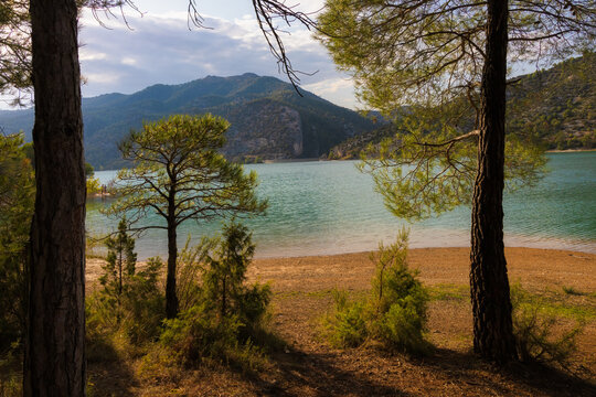 View of the Pena reservoir from the surrounding forest. Beceit, Matarranya, Aragon, Spain