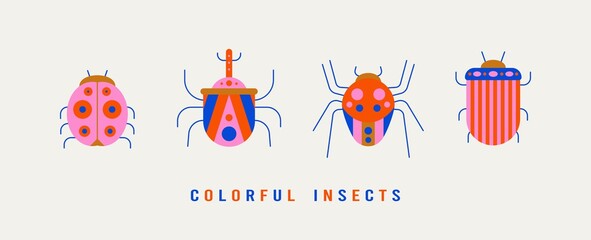 Various abstract Bugs. Different insects. Minimalistic scandinavian colorful Icons. Simple flat geometric design. Trendy bright Vector illustrations for kids. All elements are isolated