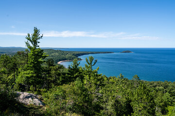 Beautiful view of Lake Superior from Sugarloaf Mountain in Michigan in summer