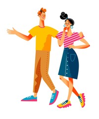 Man walking with woman thinking. Business referral or friends walk vector illustration. Pensive girl thinking, happy smiling guy leading way. Romantic couple isolated on white background