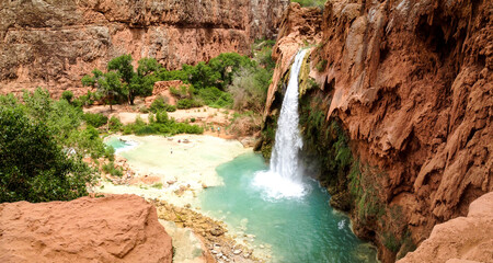 Wide view of Havasu Falls in the Grand Canyon