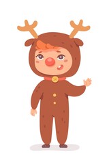 Kid in reindeer costume for Christmas winter party. Cute happy child wearing funny xmas suit vector illustration. Boy dressed as deer with antlers, smiling and waving on white background