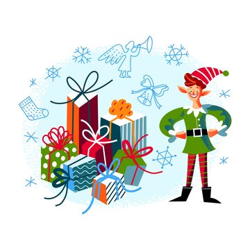Christmas elf with presents. Cute xmas character preparing new year gifts with ribbons in pile. Winter holiday vector illustration. Funny little boy in dwarf outfit, december season background