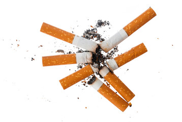 Pile of extinguished cigarette butts isolated on white