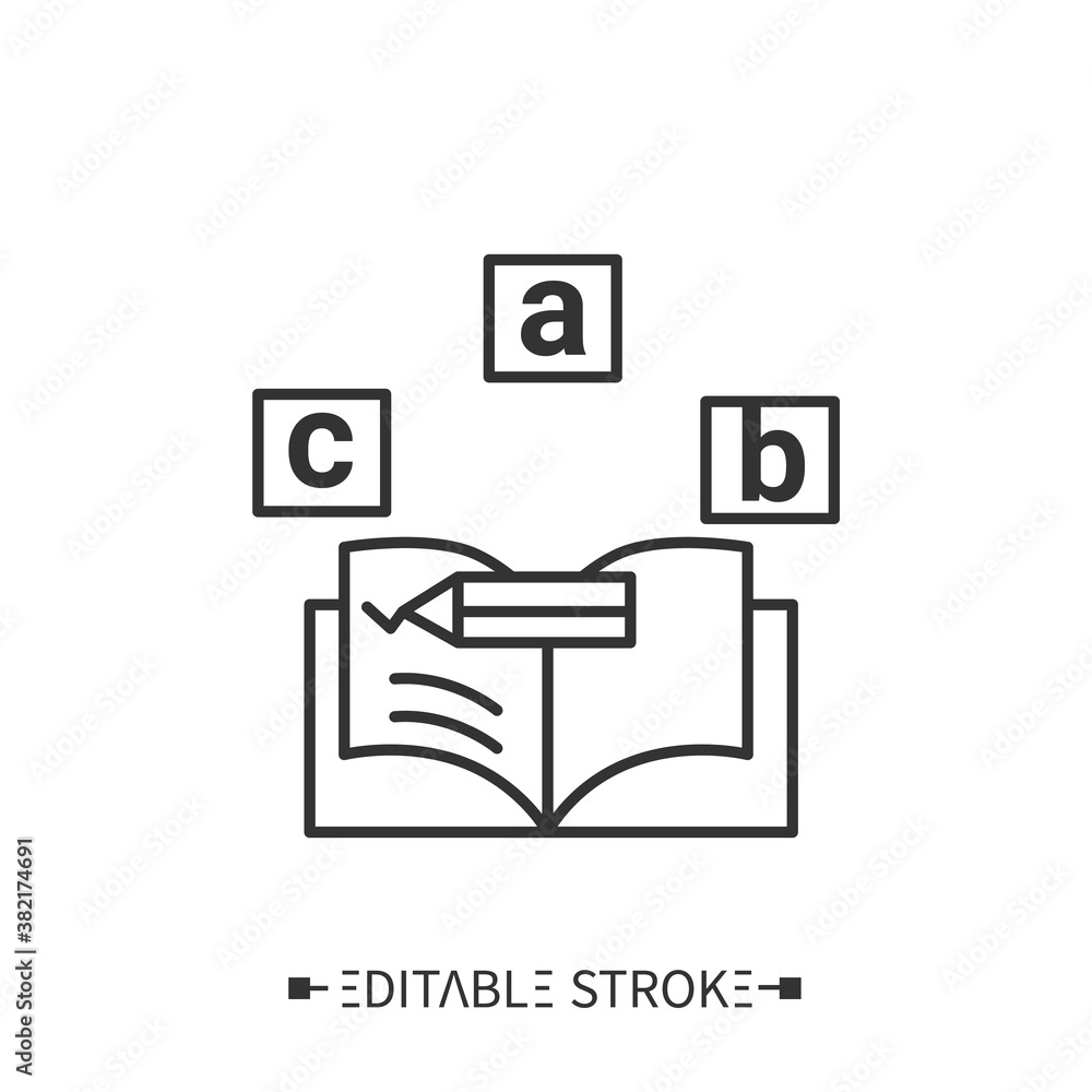 Poster homework book line icon. exercise book. education materials. remote learning. foreign languages lear
