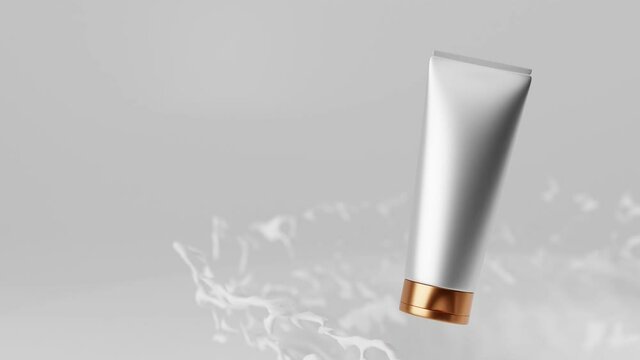 Realistic 3D animation, cream, lotion, cosmetic packaging for face and hands in plastic white empty tube with gold cap on white background in milk drops and splashes. Premium product promotion