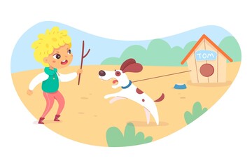Angry naughty boy teases dog with stick, yells at animal