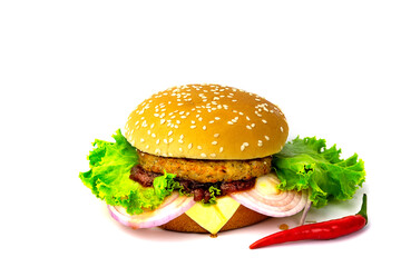 Pork burger with onion, lettuce and cheese