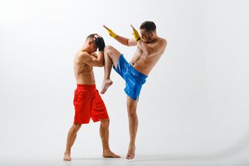 Two men boxers fighting muay thai kickboxing white background