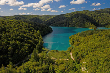 Obraz premium Aerial view over the Plitvice Lakes National park in Croatia during daytime