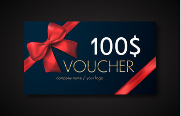 Gift voucher with red ribbon and bow. Discount gift cards template. Vector illustration