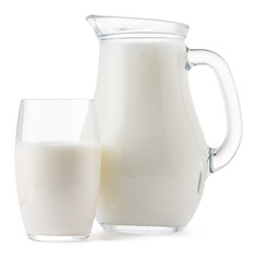 Obraz na płótnie Canvas Glass jar and cup of fresh milk isolated
