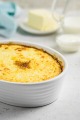 Chicken stuffing casserole in a baking dish. Space for text.