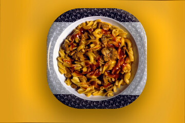 Colorful pasta in a yellow background  environment