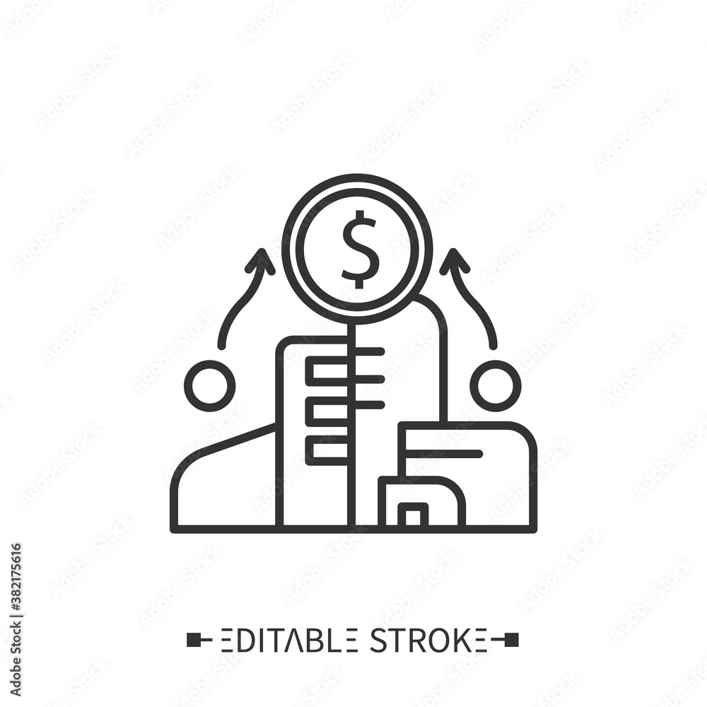 Poster operating synergy icon. corporation building with positive dollar income. outline drawing. increased