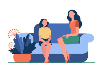 Woman sitting on sofa with girl. Mother, daughter, couch flat vector illustration. Family and relationship concept for banner, website design or landing web page