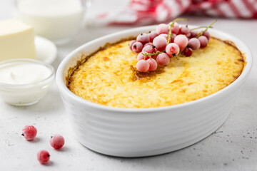 Rice pudding in a baking dish. Space for text.