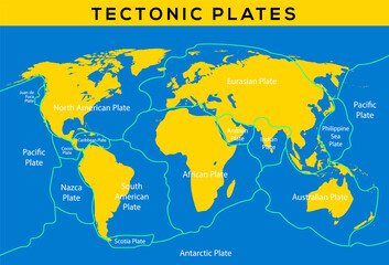 Obraz premium Tectonic plate earth map. Continental ocean pacific, volcano lithosphere geography plates