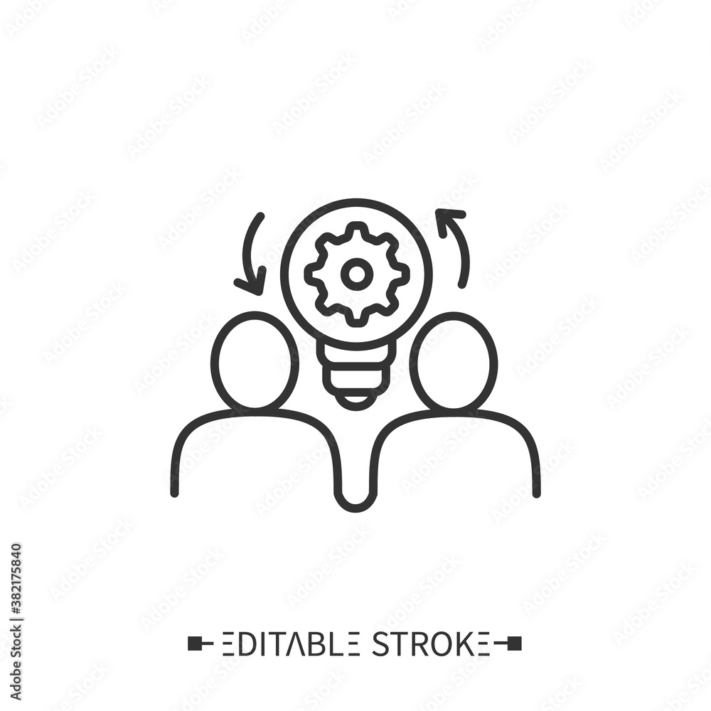 Poster creative collaboration icon. two people sharing thoughts depicted via lightbulb. outline drawing. cr