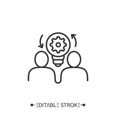 Creative collaboration icon. Two people sharing thoughts depicted via lightbulb. Outline drawing. Creating ideas through teamwork concept. Isolated vector illustrations. Editable stroke 