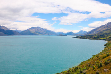 Naklejka na ściany i meble Lake Wakatipu is an inland lake (finger lake) in the South Island of New Zealand. It is in the southwest corner of the Otago region, near its boundary with Southland.