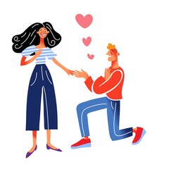 Young man proposes to woman. Marriage proposal vector illustration. Romantic couple in love. Future family, groom and bride in casual clothes. Girlfriend and boyfriend on white background