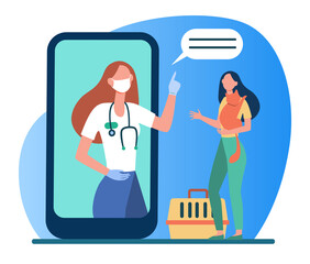 Veterinarian on smartphone screen consulting woman with cat. Vet, online, consultation flat vector illustration. Domestic animals and veterinary concept for banner, website design or landing web page