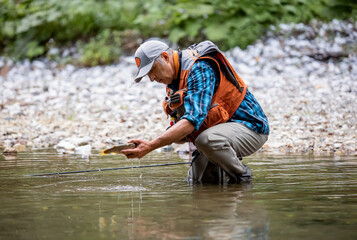 A fly fisherman fishing a trouts in mountain river