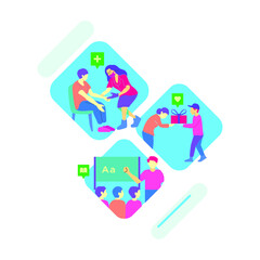 Explore  Join or Create Organize a successful Charity Social event Flat modern isolated illustration