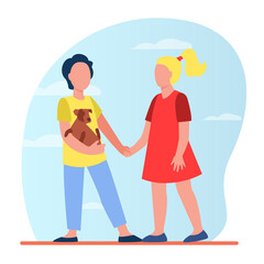 Children holding hands and walking with puppy. Pet, friend, kid flat vector illustration. Domestic animals and childhood concept for banner, website design or landing web page