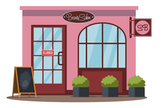 Closed Beauty Salon Front View Background. Economy Fail Due To Covid Epidemic Vector Illustration. Empty Beauty Center, Outside Scene At Window And Door With Closed Sign Hanging