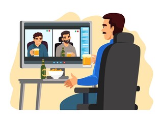 Obraz premium People drinking beer at online video call. Communication via computer screen vector illustration. Man and male friends celebrating with beer and snacks. Virtual digital meeting