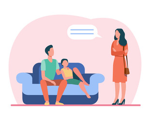 Unpleased woman talking with husband and son on sofa. Couch, wife, home flat vector illustration. Family and relationship concept for banner, website design or landing web page