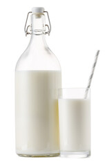 Glass bottle and cup of fresh milk isolated