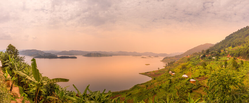 Panoramic crater lake view at sunset in the crater lake region in Uganda near Kibale.