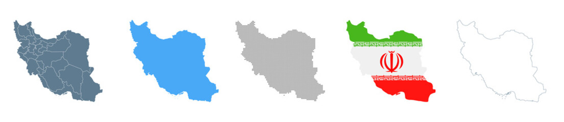 Obraz premium Iran Map Set - Vector Solid, Contour, Regions, Flag, Pixels