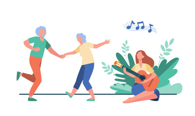 Old couple dancing at outdoor party. Young woman playing guitar flat vector illustration. Old people activity, retirement, having fun concept for banner, website design or landing web page