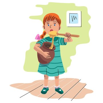 Girl eating honey with spoon from pot in summer. Childhood wonders vector illustration. Little curious girl eats sweet honey at home. Fun leisure activity at house indoor